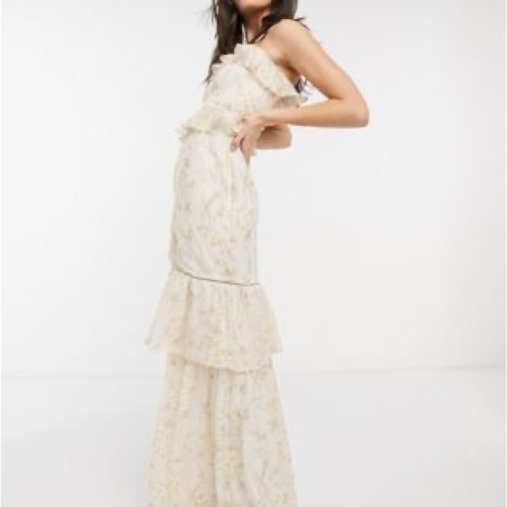 Tiered Cream Floral Maxi Dress with Ruffle Details